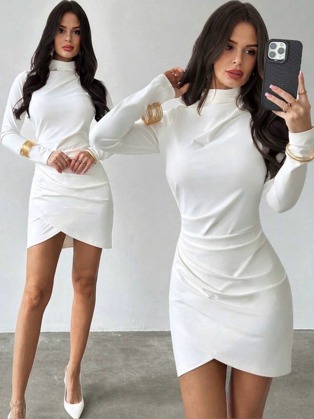 NWT Firerie White Autumn Elegant High-Neck Pleated Stretch Long Sleeve Dress XS